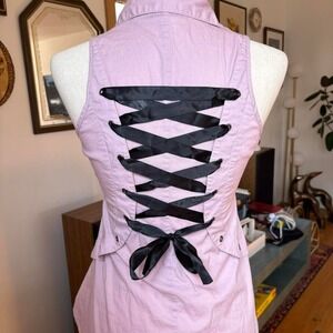 Pink Lace-Up Button Down Blouse
